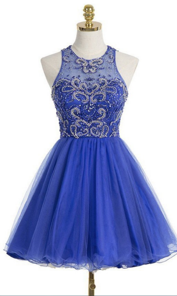 Sleeveless Blue Tulle Homecoming Dresses A Line Beadings Mini Jewels Open Back A Line