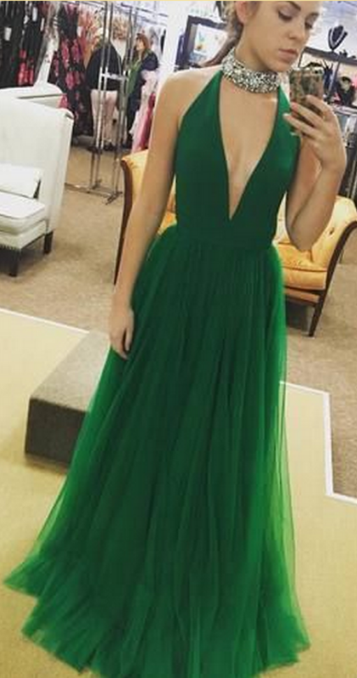 Plunging Neck Long Green Prom Dress With Criss-cross Back Strings