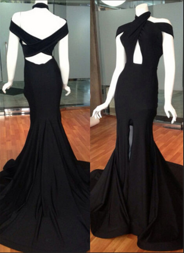 Sexy Prom Dress Halter Black Fit To Flare Maxi Fashion Dress