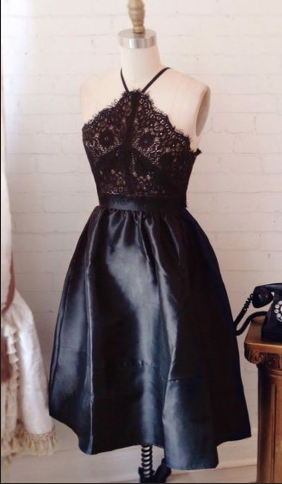 Lace Up, Black, A-line, Satin, High Neck, With Zipper, For Teens, Short Homecoming Dresses, Prom Dresses