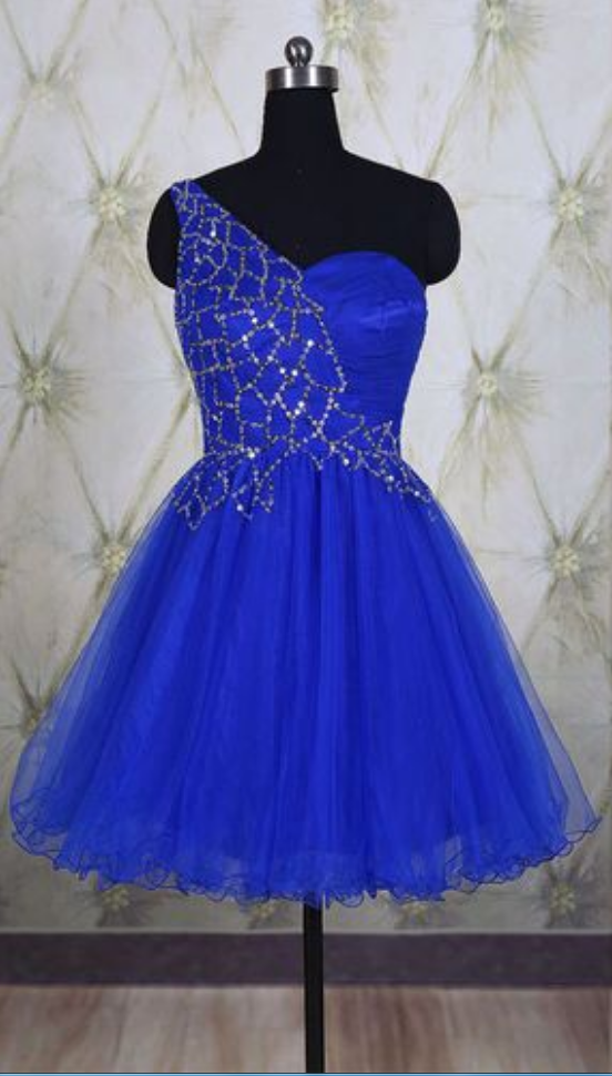Royal Blue One Shoulder Tulle Short Homecoming Dress, Sweet 16 Dress, Short Prom Dress, Wedding Party Dress,junior Bridesmaid Dresses