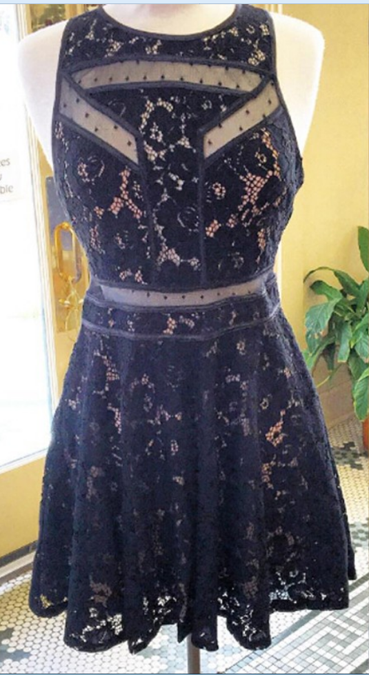 Aline Navy Homecoming Dresses Zipper-up Sleeveless Lace Jewels Above Knee Homecoming Dress