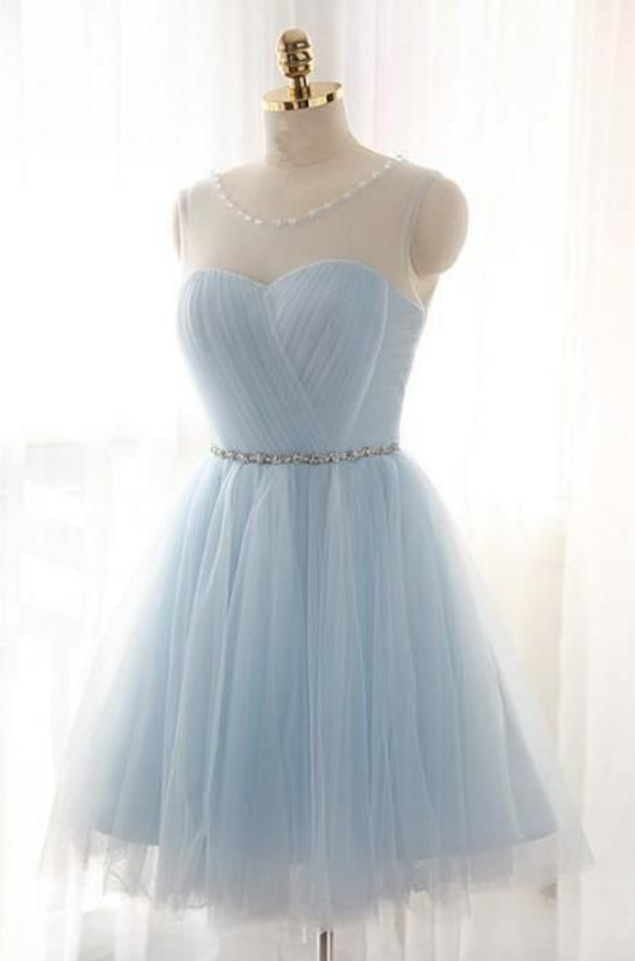 A-line Jewel Light Blue Tulle Short Homecoming Dress With Beading Pleats,short Homecoming Dresses , Juniors Homecoming Dresses, Homecoming