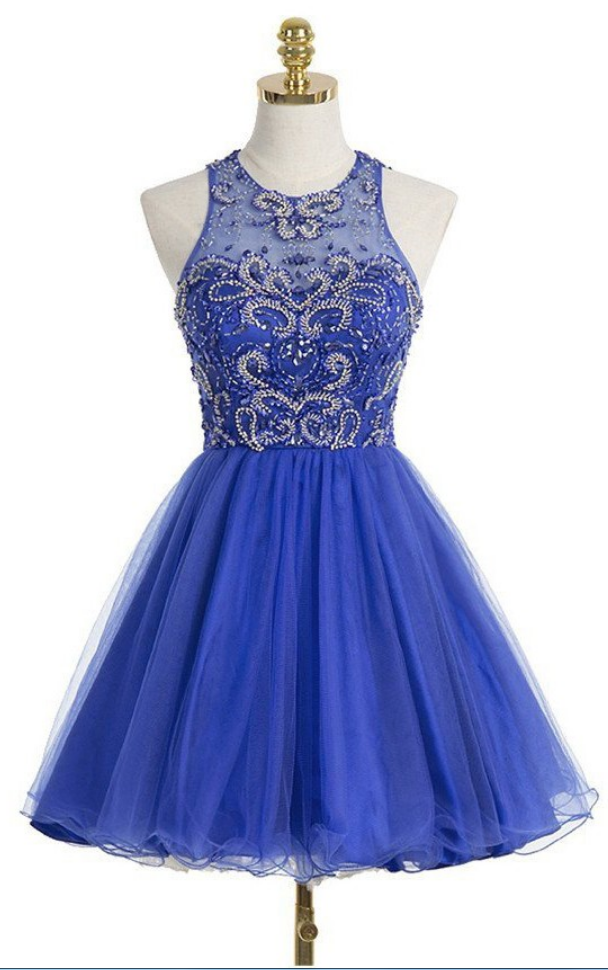 Tulle Homecoming Dresses Sky Blue Homecoming Dresses A Line Sleeveless Jewels Hollow Beadings Above Knee