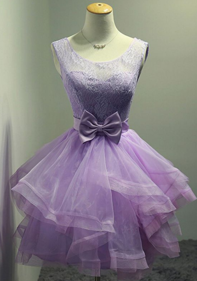 Purple Homecoming Dresses Open Back Sleeveless Empire O-neck Above-knee Lace