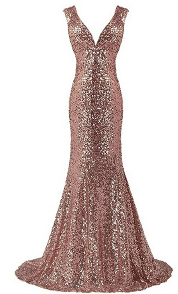 Women's Gold Mermaid Prom Dress Sequins Evening Gown V-eck Bridesmaid Dress Long Prom Party Gown
