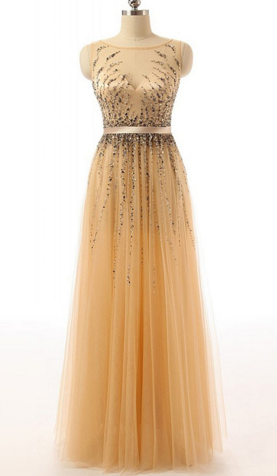 Beaded Gold Long Cap Sleeves Modest Prom Party Dresses