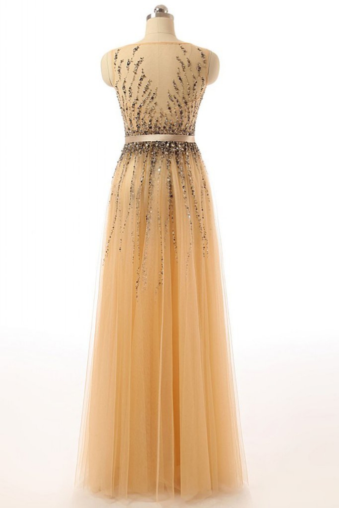 Beaded Gold Long Cap Sleeves Modest Prom Party Dresses on Luulla