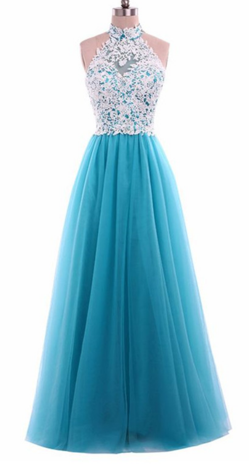 Blue High Neckline Lace Applique Party Dresses, Elegant Formal Dresses, Cute Long Prom Dresses