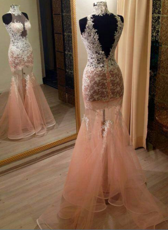 Open Back Prom Dresses, Tulle Prom Dresses, Lace Appliques Party Dresses, Mermaid Prom Dresses