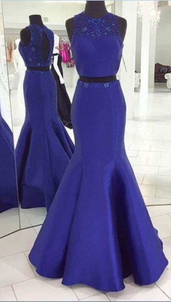 Blue Prom Dresses Round Neck Beading Mermaid Satin Two Pieces