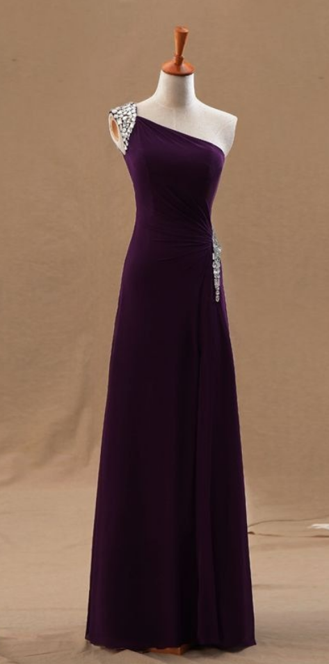 Pretty Chiffon One Shoulder Beaded Long Slit Prom Dresses, Prom Dresses , Purple Evening Gowns
