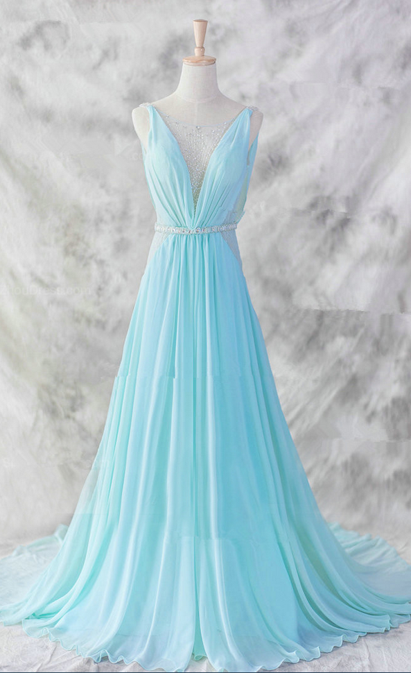 Blue Pretty Baby Blue Chiffon Floor Length V-neckline Prom Gown , Baby Blue Evening Dresses , Blue Formal Dresses, Formal Dresses