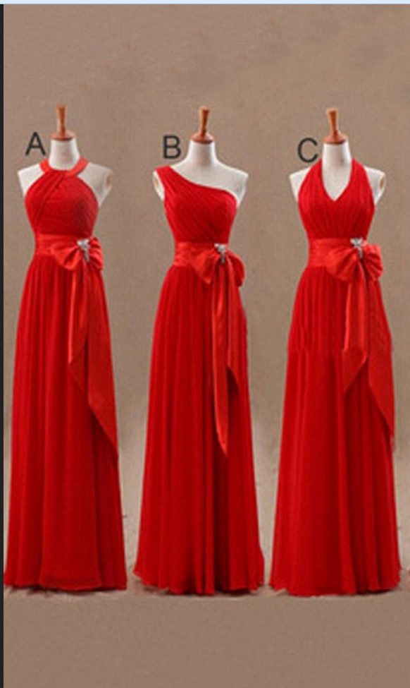 Mismatched Junior Chiffon Red Long A Line Formal Maxi Bridesmaid Dresses With Bow