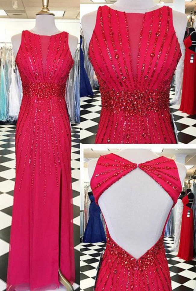 Red Prom Dresses Round Neck Beading Floor-length Sheath Chiffon Prom Gowns,prom Dresses , Prom Dresses, Long Prom Dress