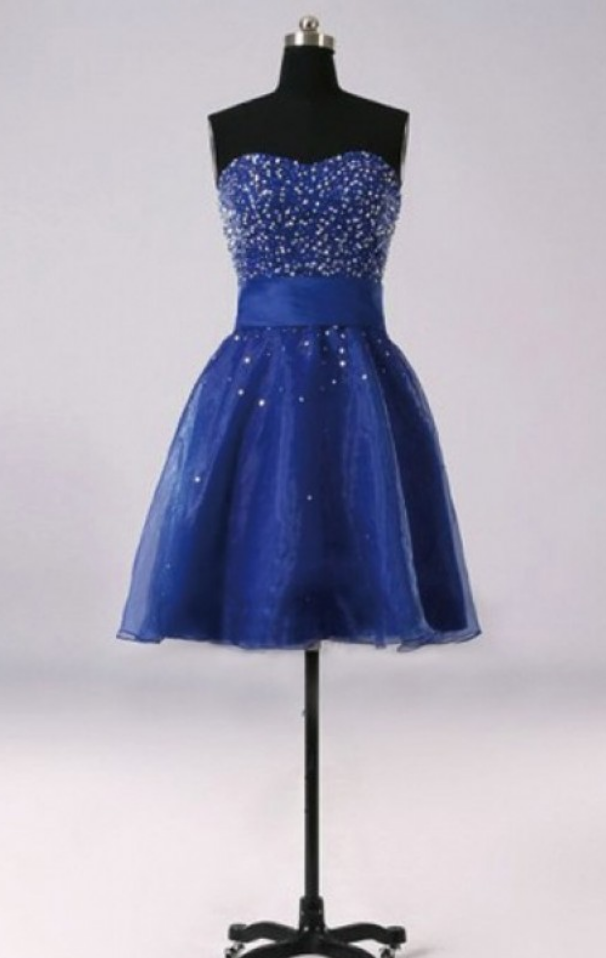 Blue Beaded Embellished Sweetheart Short Tulle Homecoming Dress Featuring Lace-up Back