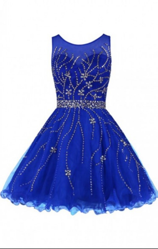 Royal Blue Homecoming Dresses Sleeveless Aline Bateau Hollow Above Knee Crystal Beads Ruffle