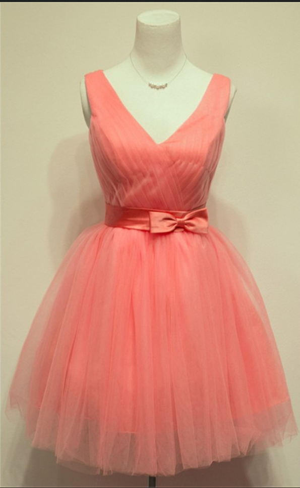 Watermelon Homecoming Dresses Sleeveless Aline V Neck Lace-up Above-knee Bow