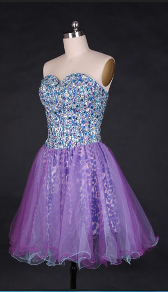 Purple Homecoming Dresses Sheer Back Sleeveless Crystal Beads Ruffle Above Knee Sweetheart Neckline A Lines