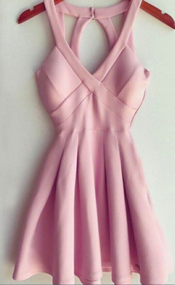 Stylish A-line Deep V Neck Short Mini Pink Satin Homecoming Dress With Keyhole Back