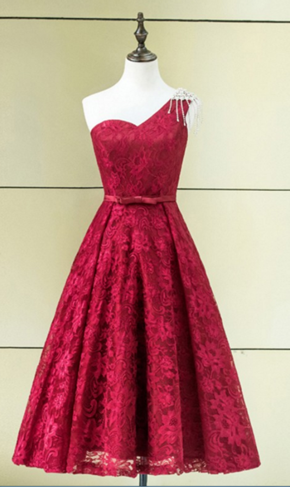 Dressv Red A-line One Shoulder Lace Homecoming Dress Sleeveless Tea-length Embroidery Lace Up Homecoming Dress&graduation Dress