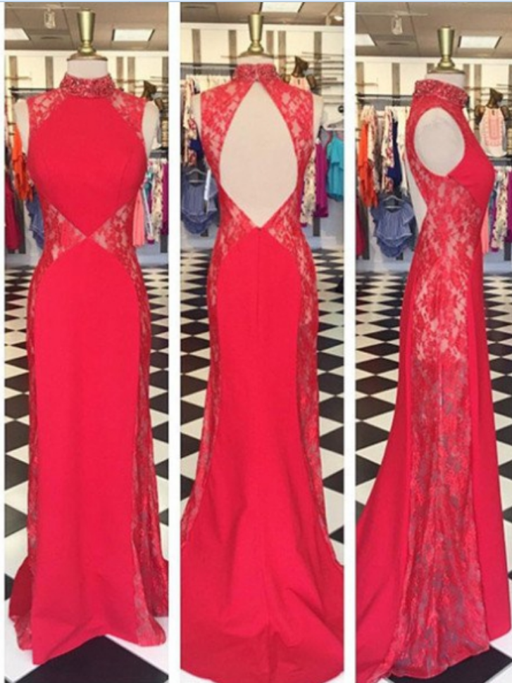 Red Keyhole Back Lace Satin Prom Dresses