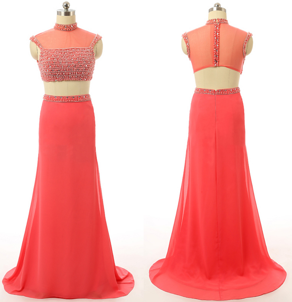 Crystal Beaded High Neck Prom Dress, Fashion Chiffon Two Piece Prom Dress, Watermelon Column Crop Top Prom Dress