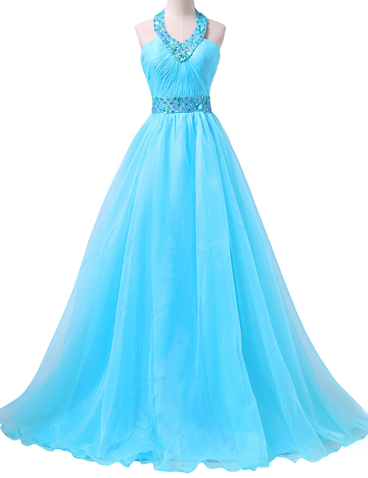 Fashionable Halter Prom Dress With Ruching Detail, Blue Chiffon Prom Gowns With Sweep Train, Beaded Prom Dresses,