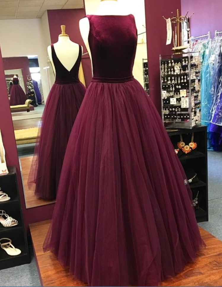 Boat Neck Velvet Burgundy Prom Dresses,v Back Pleated Tulle Floor Length Prom Dresses,prom Dresses Long,formal Gowns