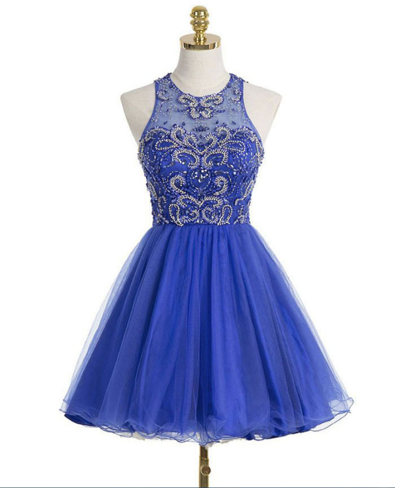 Princess Illusion Neck Tulle Homecoming Dress With Keyhole Back, Royal Blue Homecoming Dresses With Gorgeous Beads, Short Homecoming Dress,