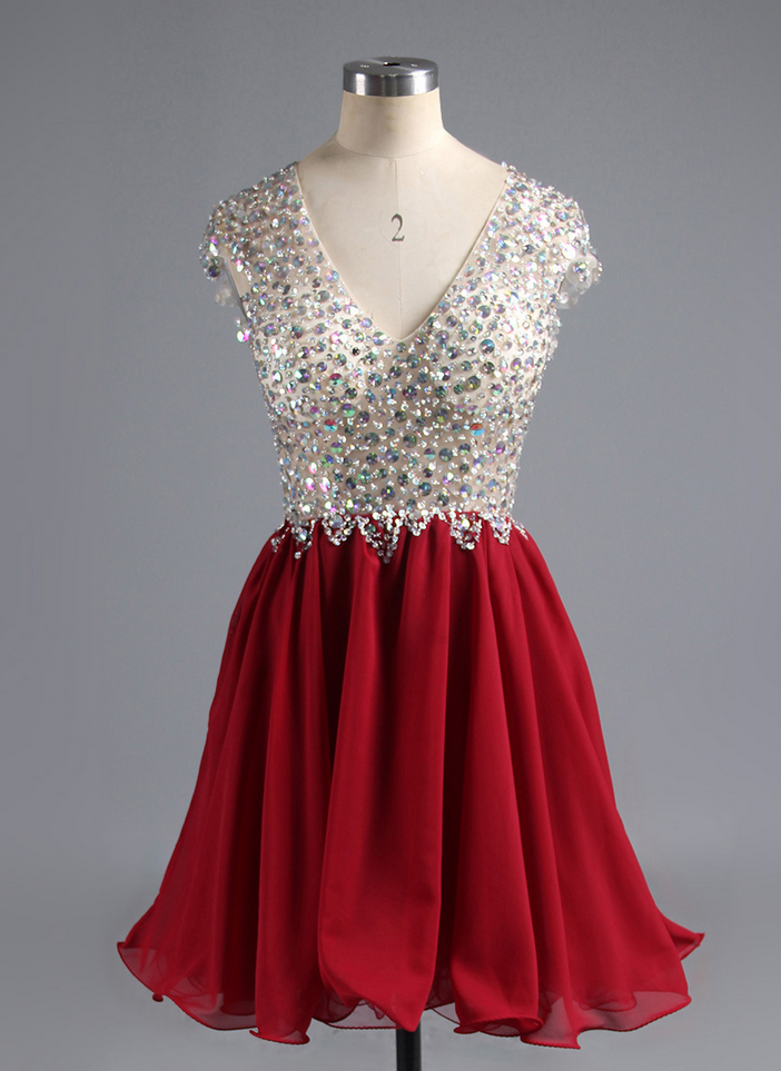 Sexy Deep Red V Neck Long Sleeve Short Homecoming Dress