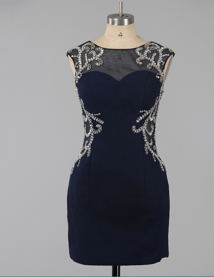 Dark Navy Column Illusion Neck Homecoming Dresses, Sexy Open Back Homecoming Dresses, Silk-like Satin Homecoming Dress With Sparkle Beads,