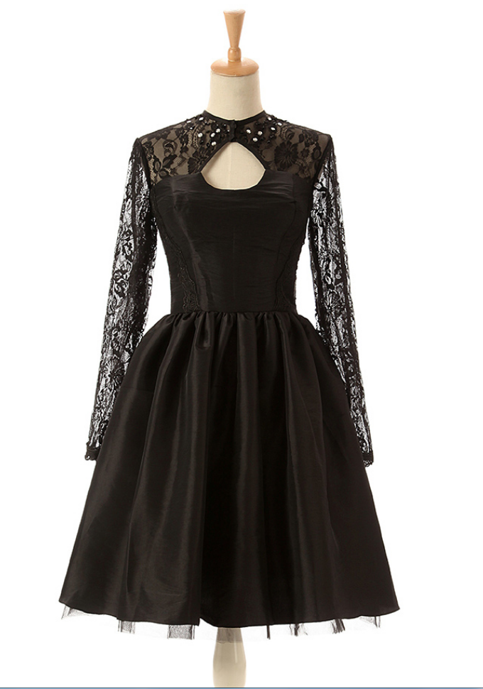 Black Lace Homecoming Dresses, High Neck Homecoming Dress With Key Hole, Long Sleeved Short Homecoming Dress,