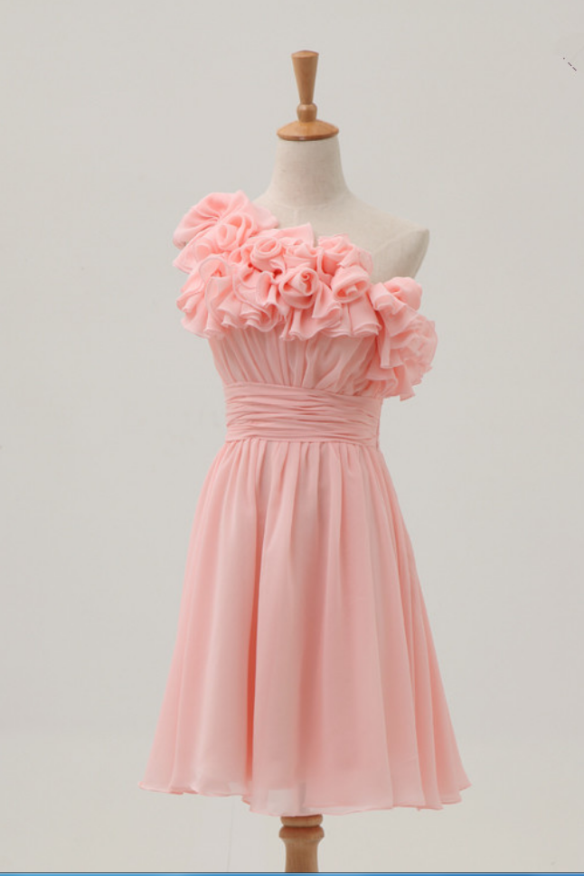 Women Short Pink One-shoulder Short Pink Empire Formal Dress, Evening Dress, Homecoming