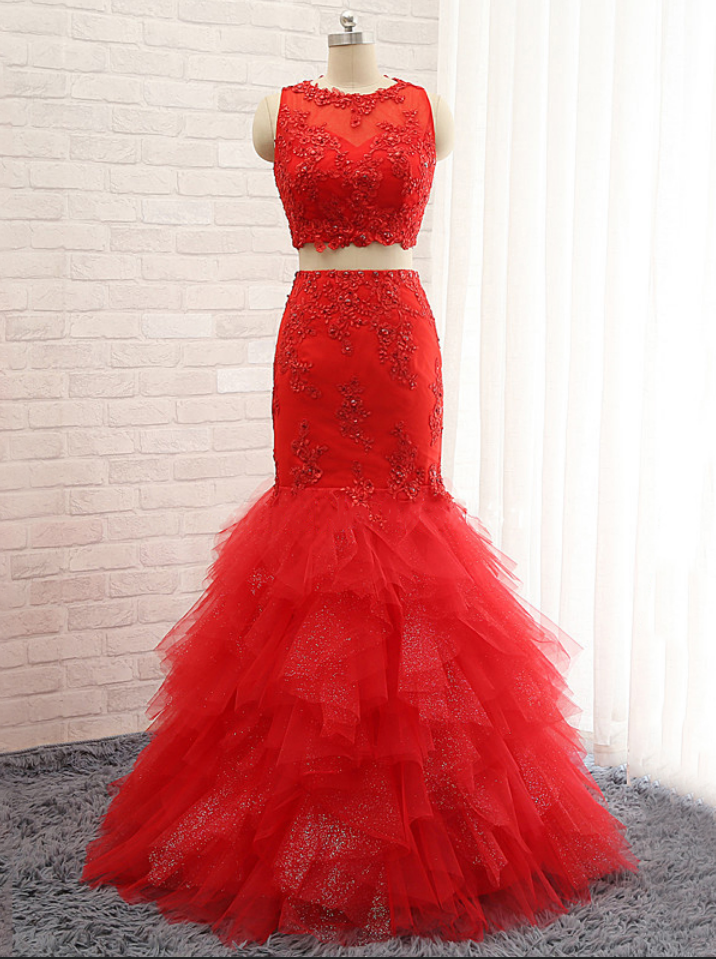 Red Two Piece Prom Dresses With Lace Appliques Open Back Illusion Tulle Mermaid Prom Dresses 