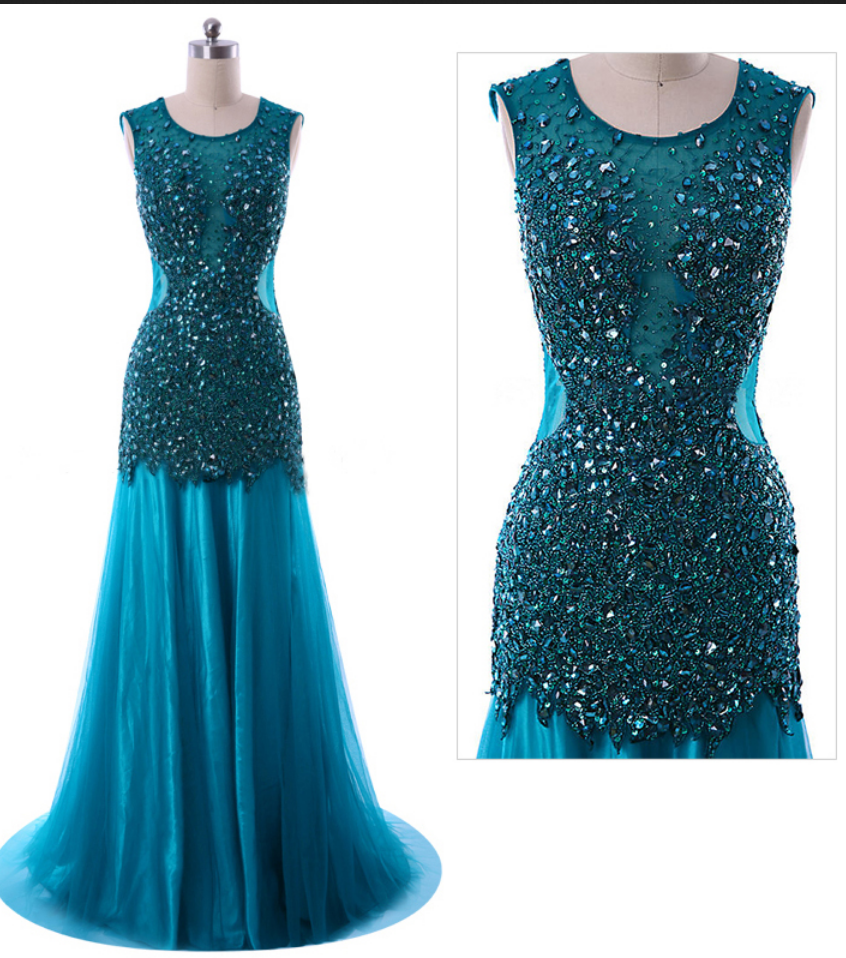 Backless Trumpet Prom Dresses, Blue Mermaid Tulle Prom Dresses, Luxurious Jewel Beaded Sleeveless Prom Dresses