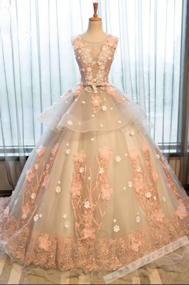 Prom Dresses , Champagne Quinceanera Dresses,organza Prom Dresses,lace Applique Round Neck Prom Dress,