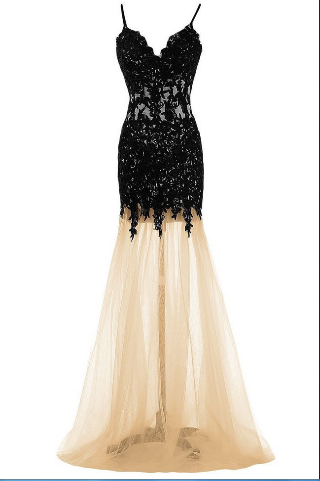 Spaghetti Straps Apploiquie Prom Dress,black Prom Dresse
