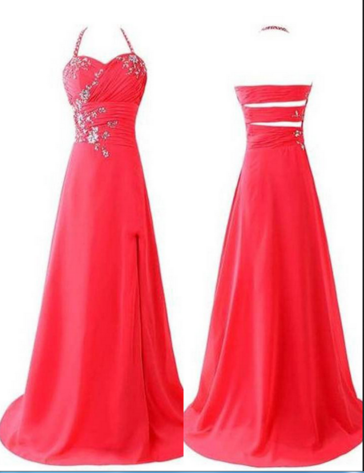 Red Beading Sequins Halter Satin Prom Dresses Prom Gowns,prom Dresses