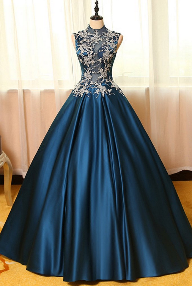 Gorgeous Prom Dress,blue Satin Prom Dress,lace Applique Prom Dress,long Prom Dresses,ball Gown Dresses,a-line Prom Dresses,vintage Prom