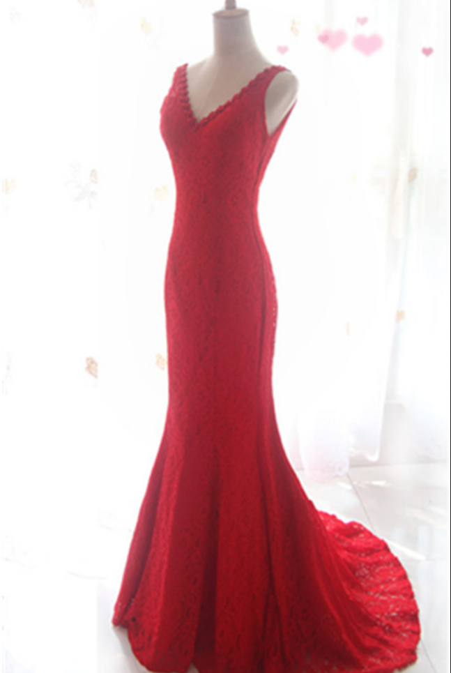 Red V-neck Mermaid Prom Dresses,sweep Train Lace Prom Dress,charming Elegant Prom Gowns,formal Evening Dresses