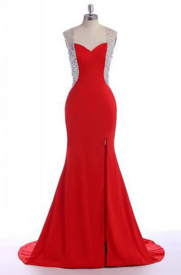 Red Long Crystal Mermaid Sweetheart Satin Prom Dresses Prom Gowns,prom Dresses, Prom Dresses, Long Prom Dress