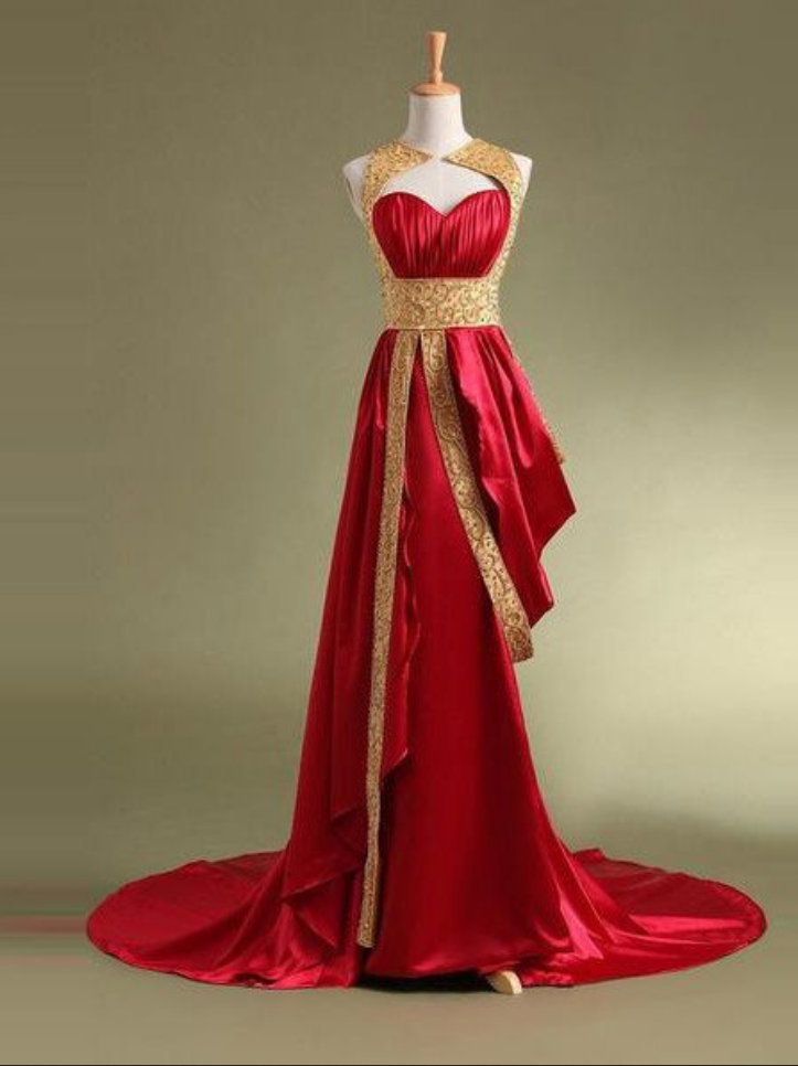 Red Long A-line Sweetheart Satin Court Train Prom Dresses Prom Gowns,prom Dresses , Prom Dresses, Long Prom Dress