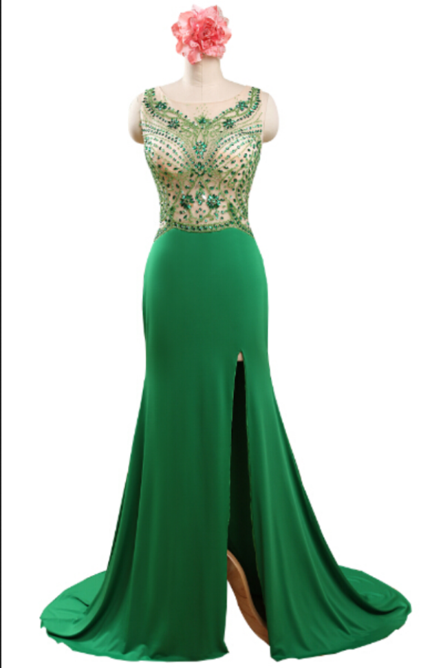 Green Prom Dresses,beaded Evening Dress,backless Prom Dresses,beading Prom Dresses, Prom Gown,slit Prom Dress,princess Formal Gowns For Teens