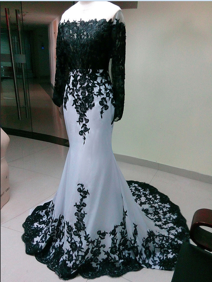 Long Sleeves Elegant Whit Chiffon With Black Lace Prom Dress , Women Formal Party Dress,evening Dress