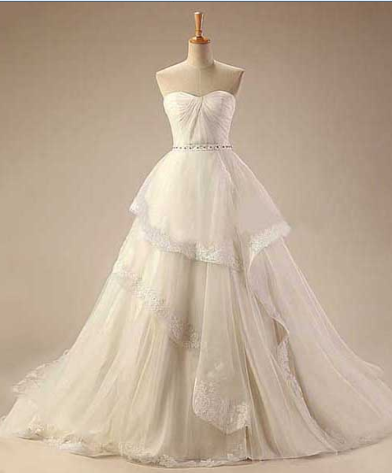 Strapless Sweetheart Ruched Ruffle Princess Ball Gown, Wedding Gown With Chapel Train