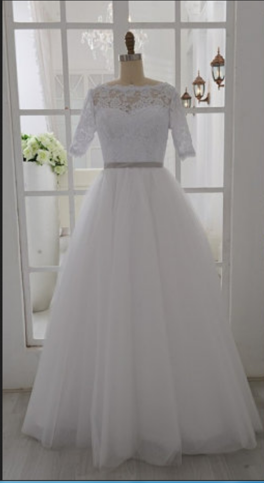 High Neck Half Short Sleeves Lace Wedding Gown,a Line Floor Length White Wedding Dress, Custom Made Bridal Wedding Gowns,