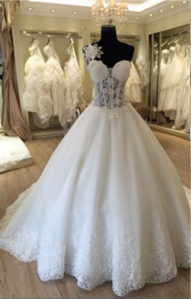 Unique Design One Shoulder See Through A-line Lace Tulle Wedding Dresses,