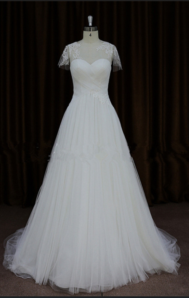 Sheer Short-sleeved Ruched Tulle A-line Wedding Dress, Bridal Gown