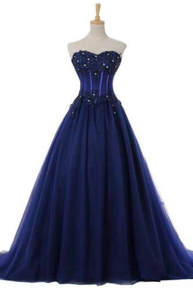 Exposed Boning Evening Dresses Plus Size Sexy Strapless Sleeveless Beaded Party Prom Dresses Navy Blue Lace Formal Evening Gowns